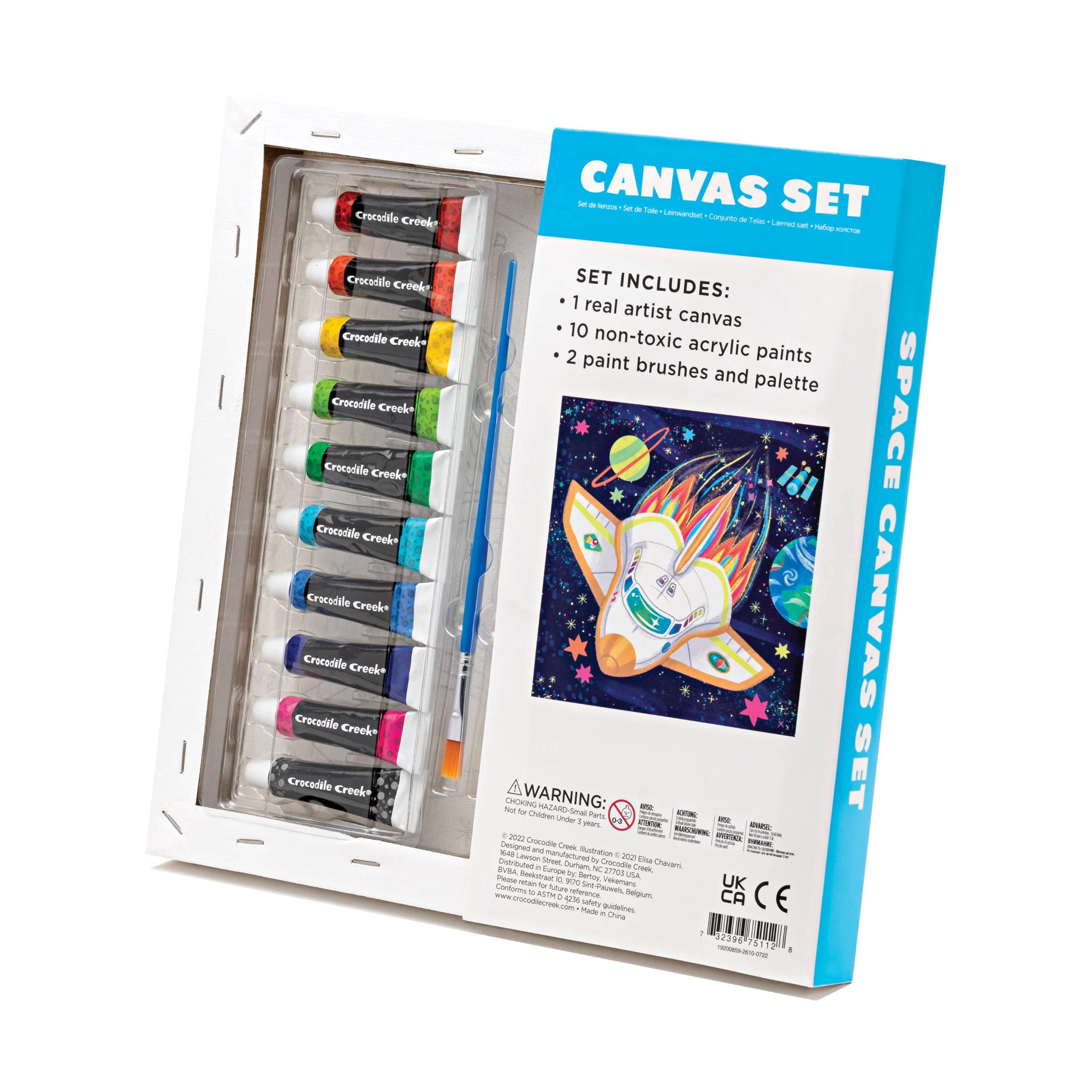Crocodile Creek Space Canvas Painting Set for Kids Ages 6 Years and Up - Acrylic Painting Kit includes 10 Non-Toxic Acrylic Paints, 2 Paint Brushes, 1 Palette and 1 Canvas