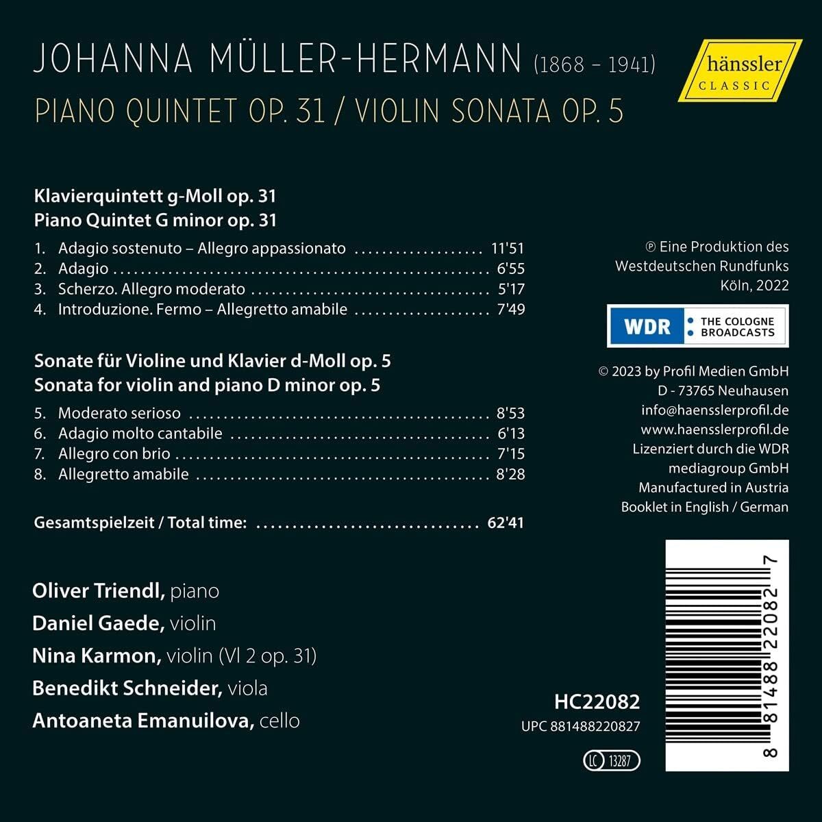 Johanna Müller-Hermann: Piano Quintet Op. 31/Violin Sonata Op. 5