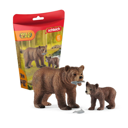 schleich 42473 Wild Life Realistic Grizzly Bear Toy Mother, Cub, and Fish - 4-Piece Animal Toy Playset, Durable and Educational Animal Toys for Fun Adventures for Boys and Girls, Gift for Kids Ages 3+ Single Updated packaging