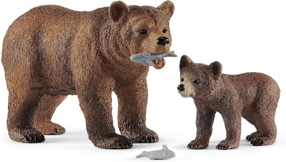 schleich 42473 Wild Life Realistic Grizzly Bear Toy Mother, Cub, and Fish - 4-Piece Animal Toy Playset, Durable and Educational Animal Toys for Fun Adventures for Boys and Girls, Gift for Kids Ages 3+ Single Updated packaging