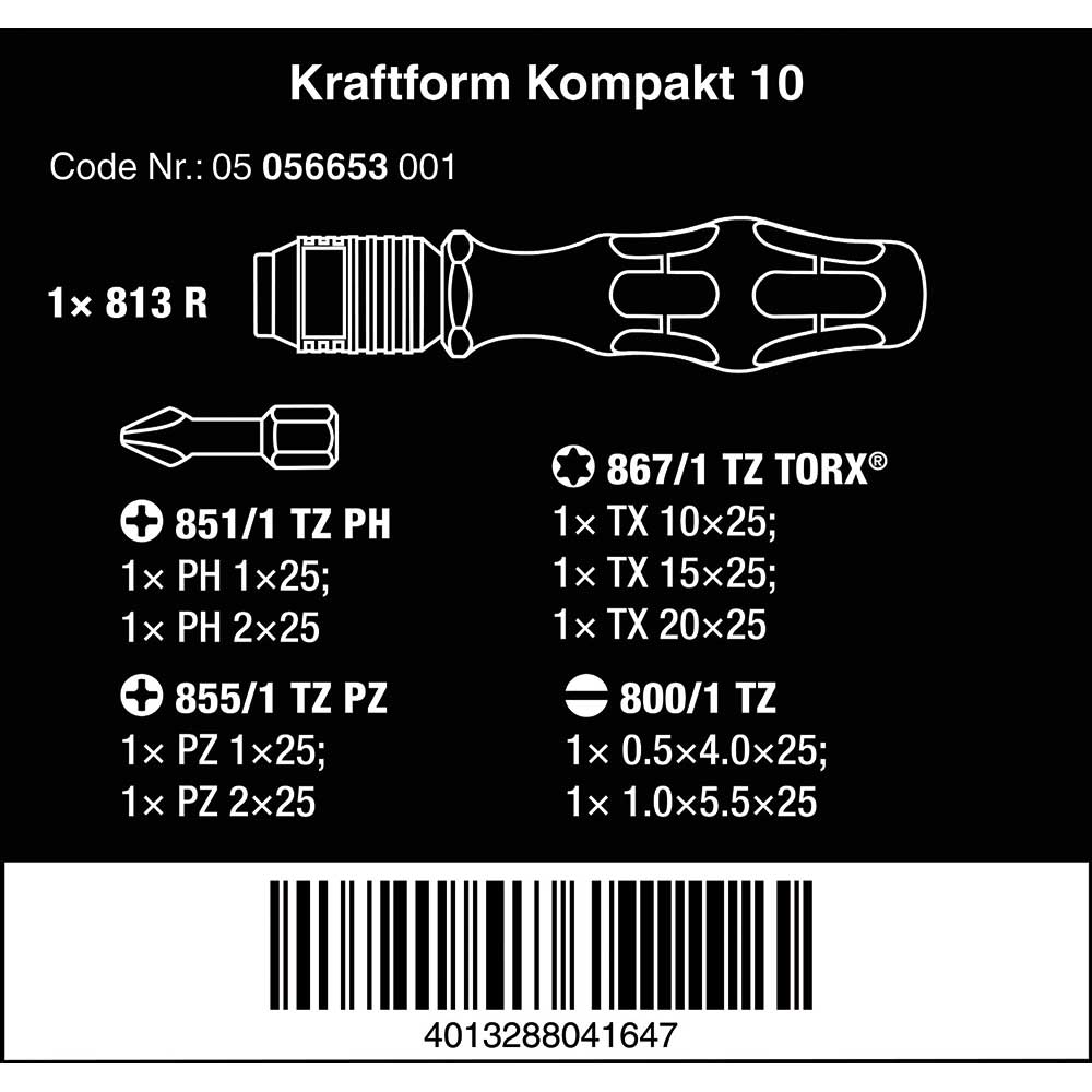 Wera Kraftform Kompakt 10 Bit-Holding Screwdriver & Bit Set, PH/PZ/SL/TX, 05056653001
