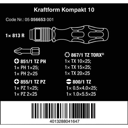 Wera Kraftform Kompakt 10 Bit-Holding Screwdriver & Bit Set, PH/PZ/SL/TX, 05056653001