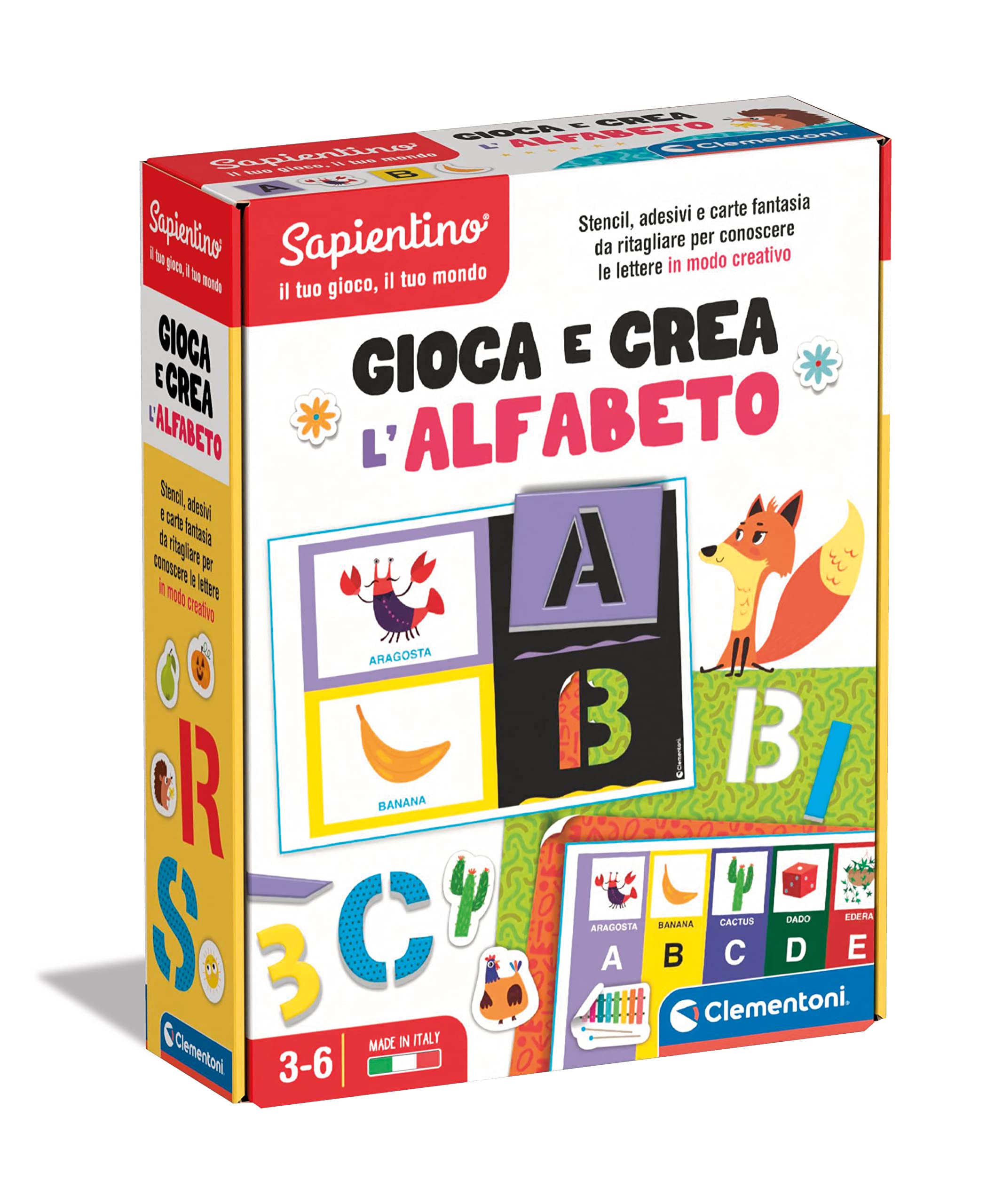 Clementoni 16726 Sapientino-Play and Create Stencil and Letters Puzzle to Compose, Educational Game to Learn Alphabet, Children 3-6 Years Old, Made in Italy, Multi-Coloured, Medio