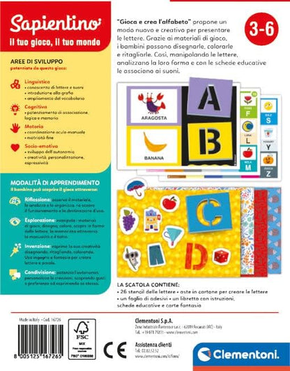 Clementoni 16726 Sapientino-Play and Create Stencil and Letters Puzzle to Compose, Educational Game to Learn Alphabet, Children 3-6 Years Old, Made in Italy, Multi-Coloured, Medio