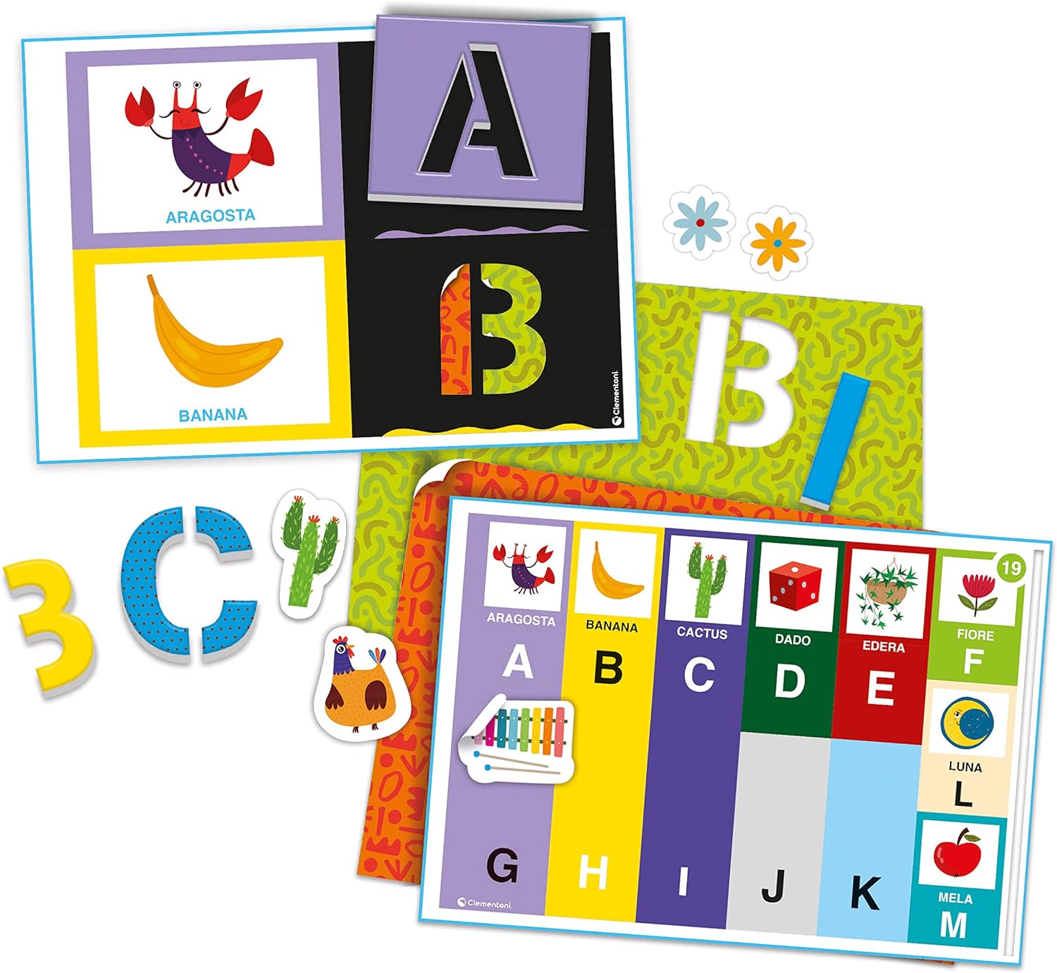 Clementoni 16726 Sapientino-Play and Create Stencil and Letters Puzzle to Compose, Educational Game to Learn Alphabet, Children 3-6 Years Old, Made in Italy, Multi-Coloured, Medio
