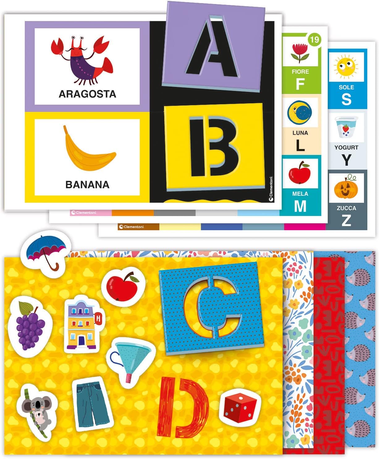 Clementoni 16726 Sapientino-Play and Create Stencil and Letters Puzzle to Compose, Educational Game to Learn Alphabet, Children 3-6 Years Old, Made in Italy, Multi-Coloured, Medio
