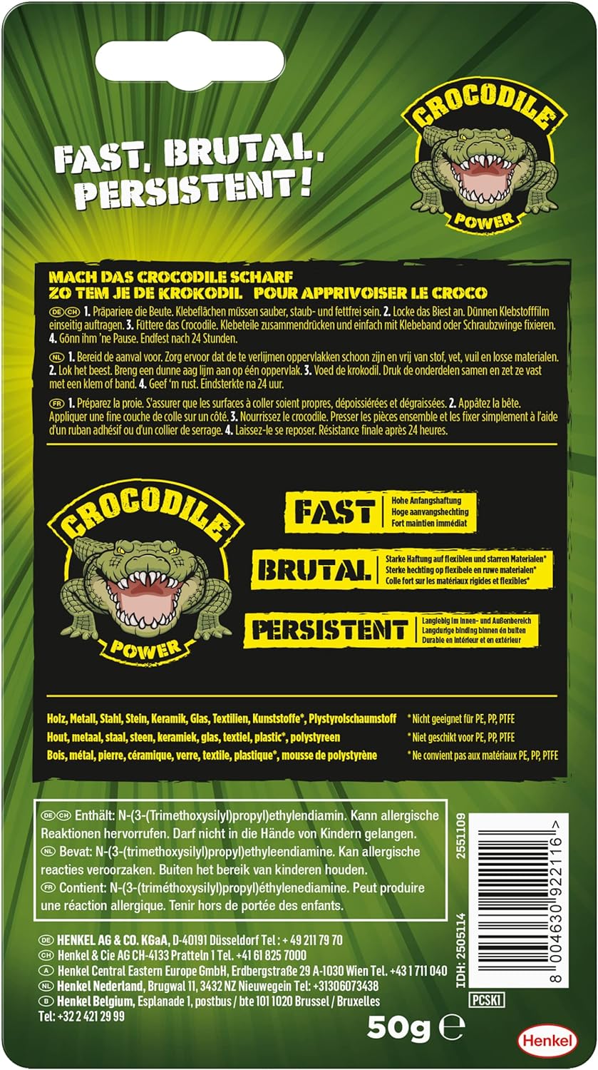 Pattex Crocodile Multi-purpose, flexible and versatile power adhesive with high initial strength, extra strong adhesive for metal, wood, plastic, stone and more, transparent adhesive, 1 x 50 g