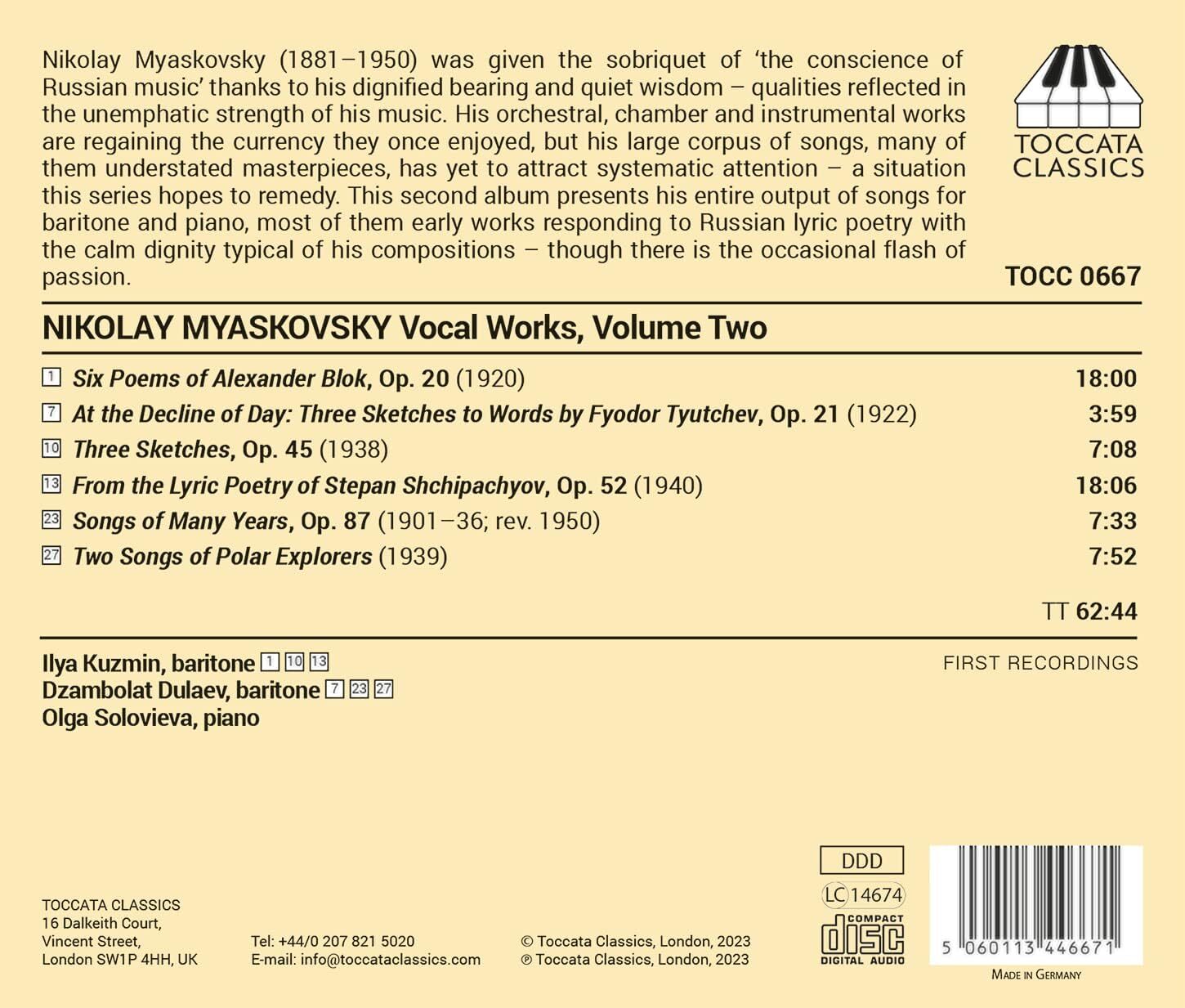 Nikolay Myaskovsky: Vocal Works: Complete Songs for Baritone and Piano - Volume 2