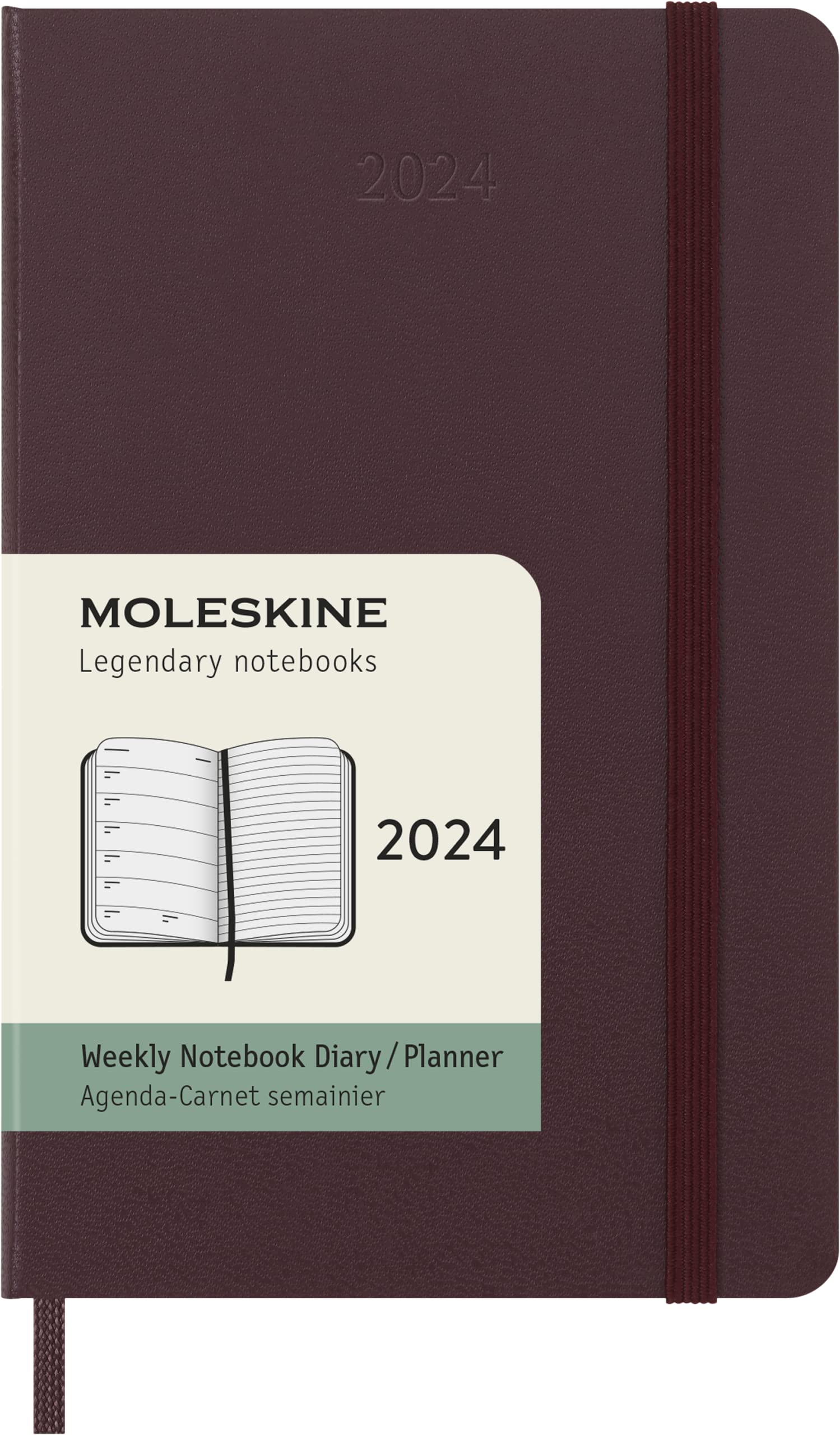 Moleskine Weekly Agenda with Space for Notes 12 Months 2024, Agenda 2024, Size Pocket 9x14, Hard Cover and Elastic Closure, Colour Burgundy Red Weekly Notebook Hard Cover - Pocket Burgundy Red