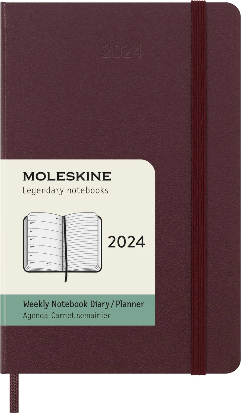 Moleskine Weekly Agenda with Space for Notes 12 Months 2024, Agenda 2024, Size Pocket 9x14, Hard Cover and Elastic Closure, Colour Burgundy Red Weekly Notebook Hard Cover - Pocket Burgundy Red
