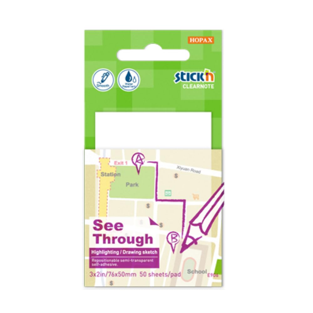 Stick'n Notes 21712 Clearnote - Notas autoadhesivas semitransparentes con colores neón brillantes, 3 x 3 pulgadas, 50 hojas por bloc, color blanco