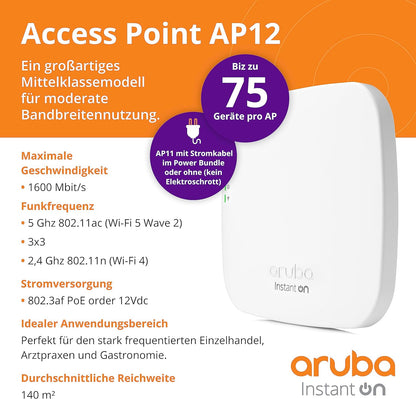 Aruba, a Hewlett Packard Enterprise company Instant On AP12 WLAN access point 1300 Mbit/s Power over Ethernet (PoE) White, a Hewlett Packard Enterprise company Instant On AP12, 1300 Mbit/s,