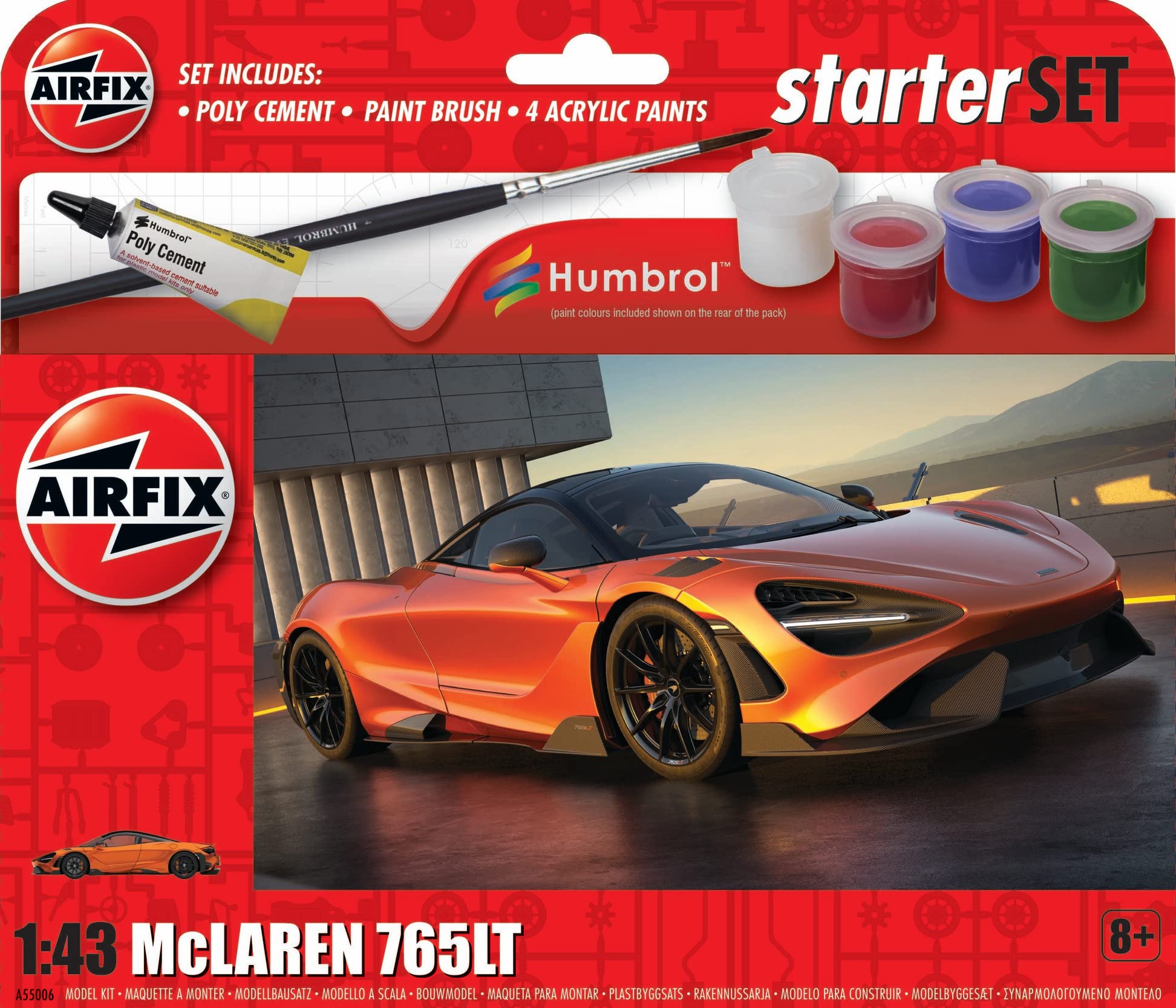 Airfix A55006 Starter Set - McLaren 765LT Plastic model making kit with paint