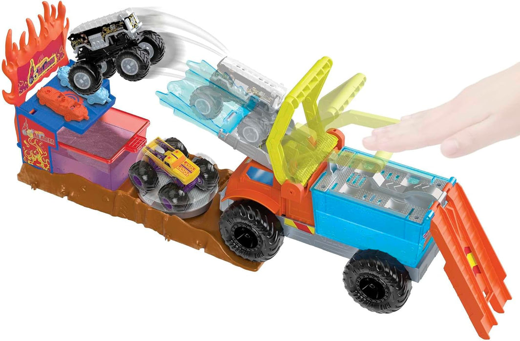 Hot Wheels Monster Trucks Arena Smashers Color Shifters 5-Alarm Rescue with 1 Color Shifter Monster Truck, 2 Crushable Cars and 1 Detachable Semi Rig, HPN73