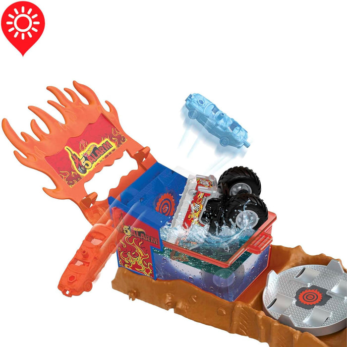 Hot Wheels Monster Trucks Arena Smashers Color Shifters 5-Alarm Rescue with 1 Color Shifter Monster Truck, 2 Crushable Cars and 1 Detachable Semi Rig, HPN73