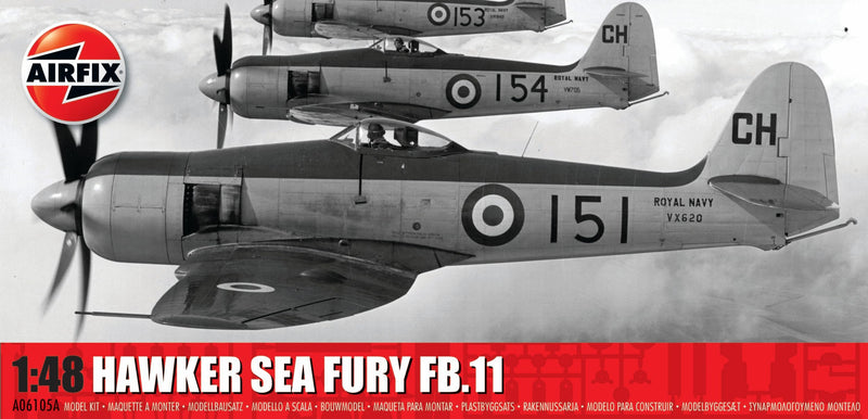 Airfix Model Set - A06105A Hawker Sea Fury FB.II Model Building Kit - Plastic Model Plane Kits for Adults & Children 8+, Set Includes Sprues & Decals - 1:48 Scale Model