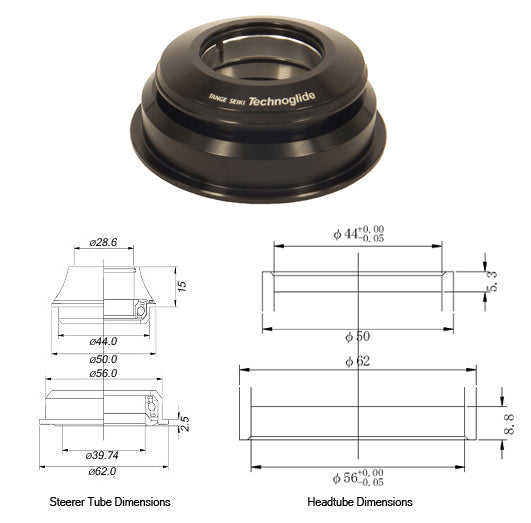 Tange-Seiki: Technoglide ZS225 Semi Integrated Headset in Black. 1 1/8" - 1 1/2"-BLACK -1 1/8" - 1 1/2" 1 1/8"-1 1/2"