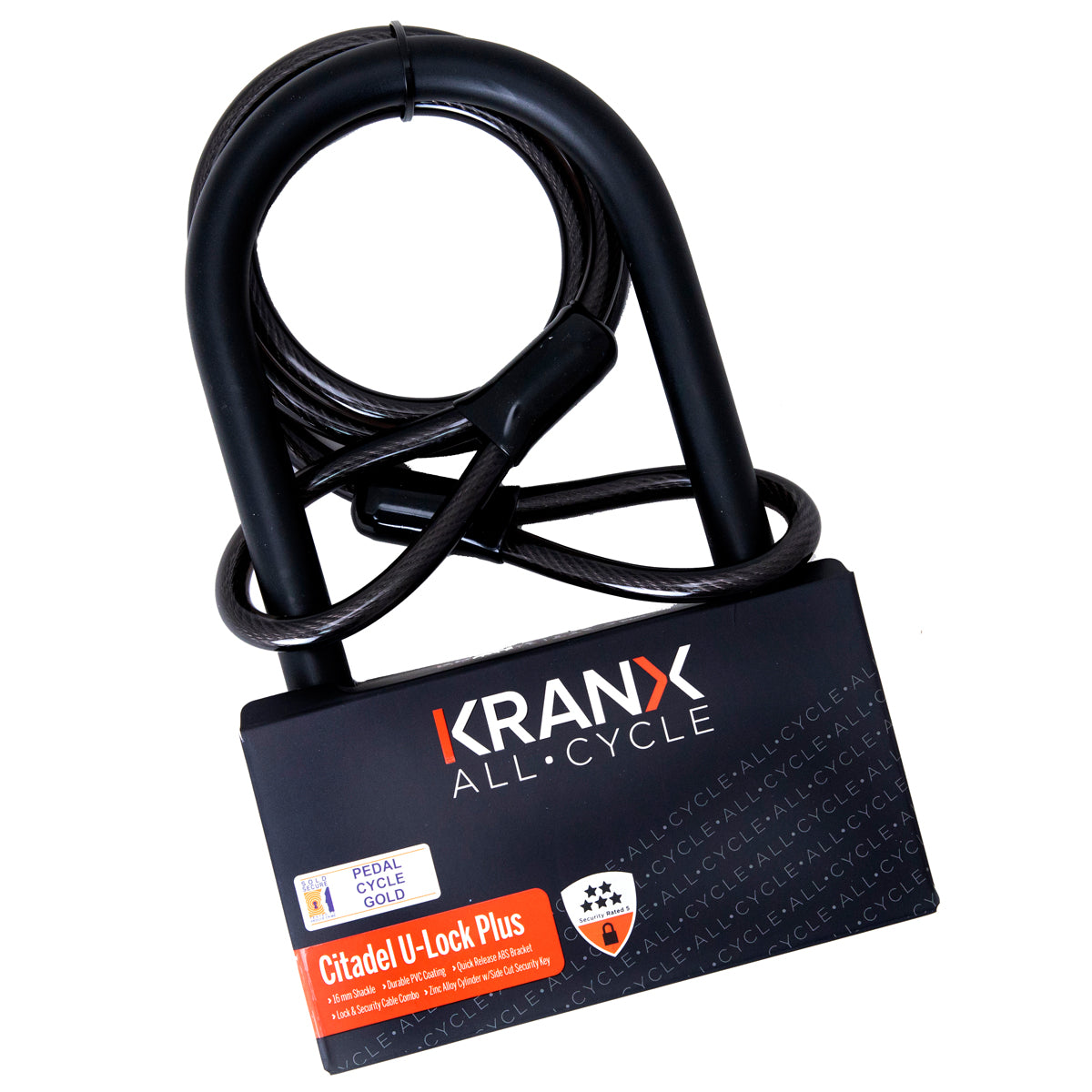 KranX Citadel Plus 16mm 270mm U-Lock With Security Cable. GOLD Sold Secure [Black]