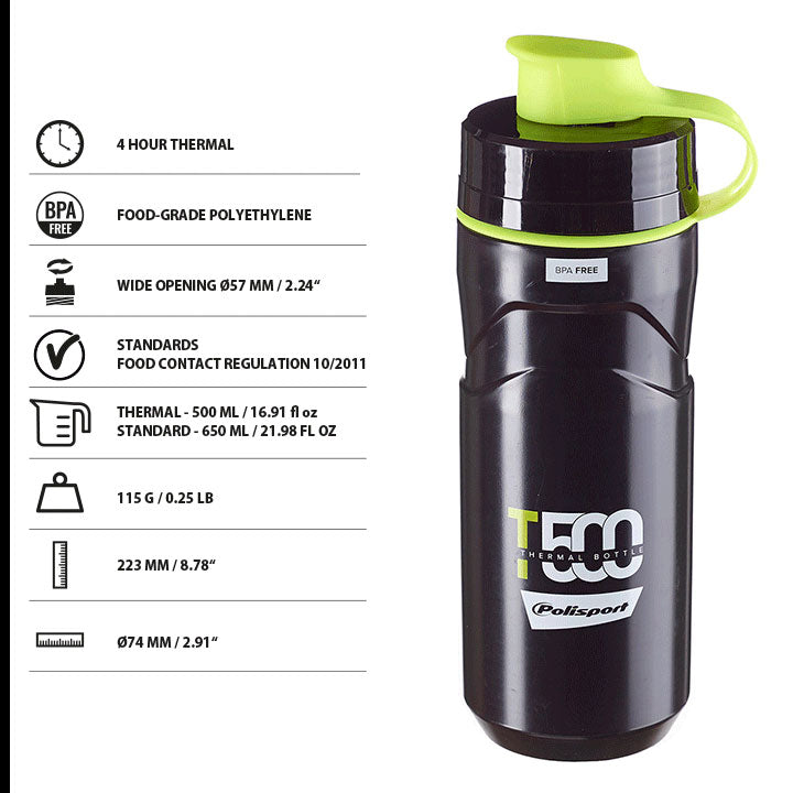 Polisport 8645500001 – Insulated Bottle Model T500 for Cycling with 500 ml Capacity – BPA-Free Cycling Water Bottle in Black/Lima Green