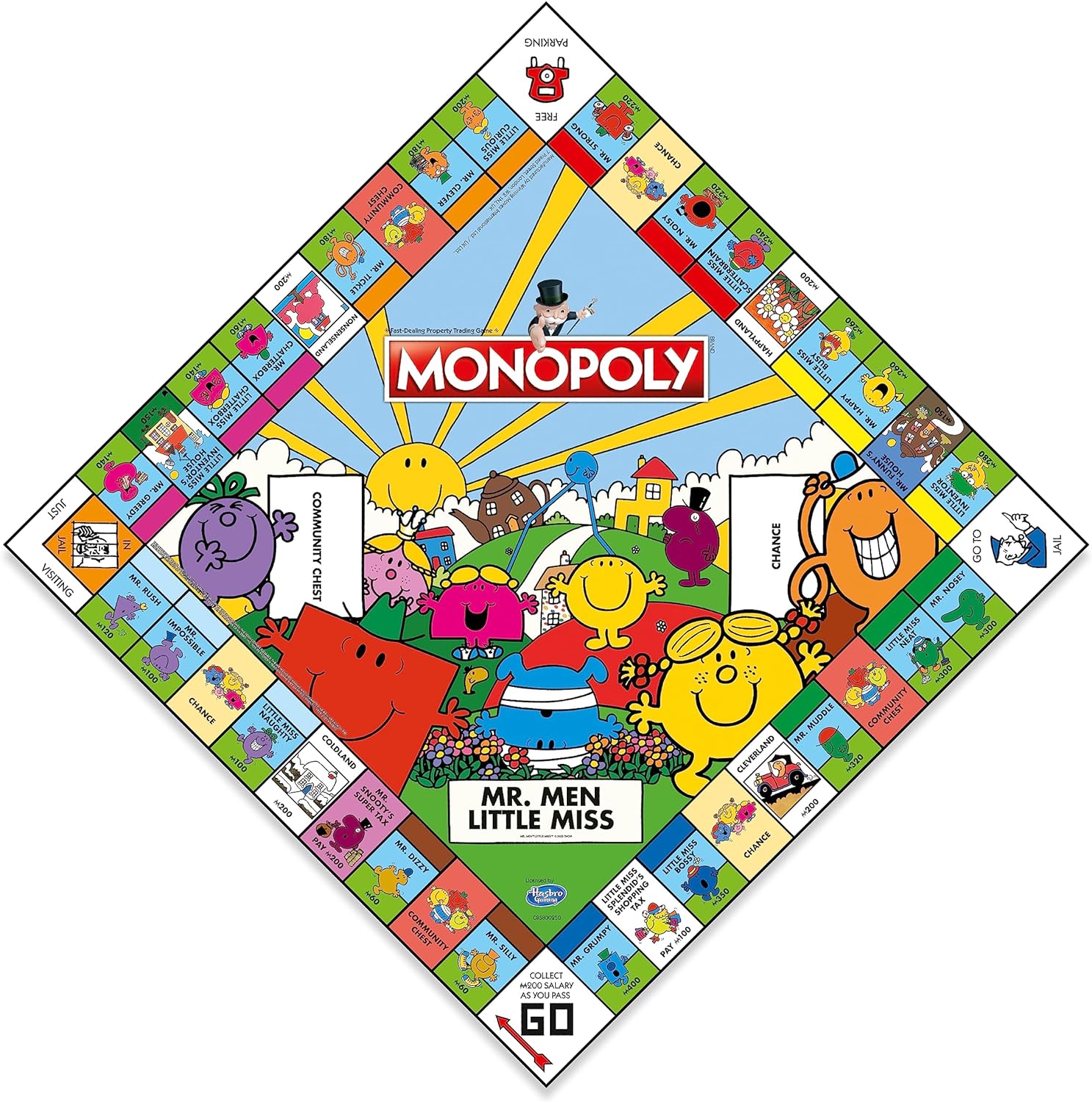 Juego de Mesa Monopoly Mr Men y Little Miss, avanza a Mr Tickle, Little Miss Splendid y Mr Sneeze, expande tu Imperio e intercambia tu Camino hacia la Victoria, Regalo para Jugadores Mayores de 8 año