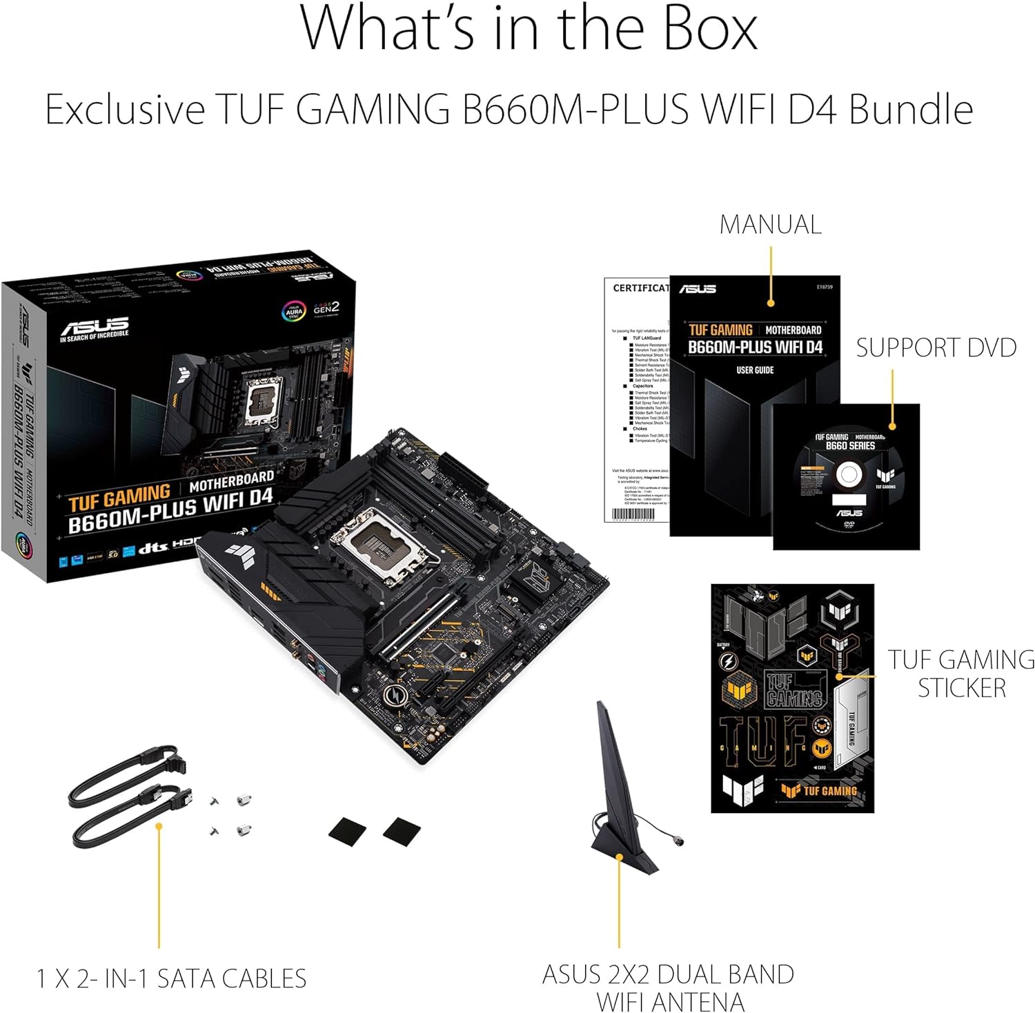 ASUS TUF GAMING B660-PLUS WIFI D4 Intel® B660 (LGA 1700) mATX motherboard, 10+1 DrMOS Power stages, Intel® WiFi 6, PCIe 5.0 support, Dual PCIe 4.0 M.2 Slots, Aura Sync, Two-way AI Noise Cancelation B660 TUF GAMING B660-PLUS WIFI D4 B660-PLUS WiFi D4