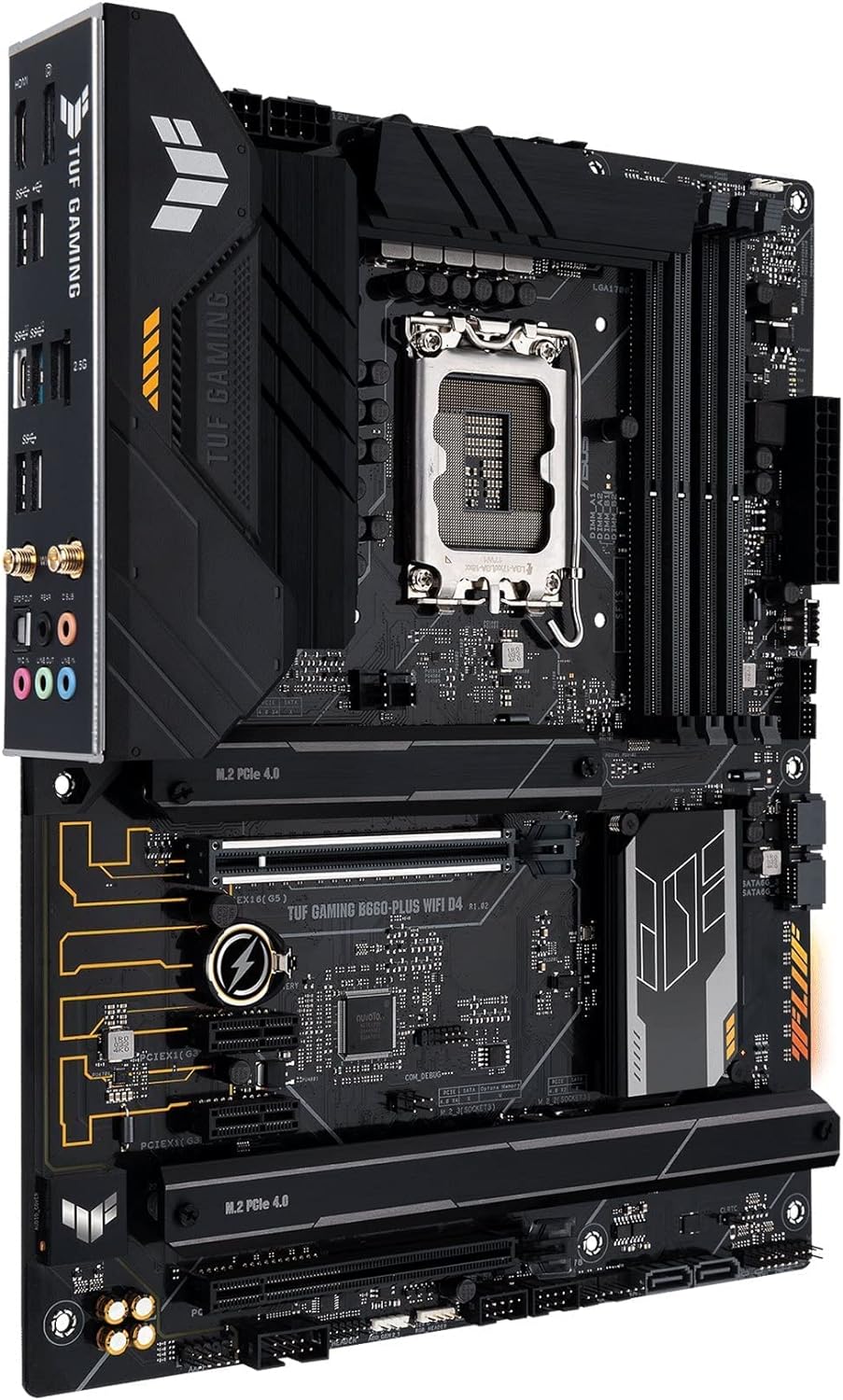 ASUS TUF GAMING B660-PLUS WIFI D4 Intel® B660 (LGA 1700) mATX motherboard, 10+1 DrMOS Power stages, Intel® WiFi 6, PCIe 5.0 support, Dual PCIe 4.0 M.2 Slots, Aura Sync, Two-way AI Noise Cancelation B660 TUF GAMING B660-PLUS WIFI D4 B660-PLUS WiFi D4