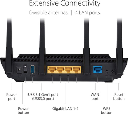 ASUS RT-AX58U V2 WIFI 6 AX3000 Dual-Band Extendable Mesh WiFi Router, with Mobile Tethering (Replacement of 4G 5G routers) AIMESH MU-MIMO Game Rangeboost Trend Aiprotection Pro security, Adaptive QoS WIFI6 AX3000