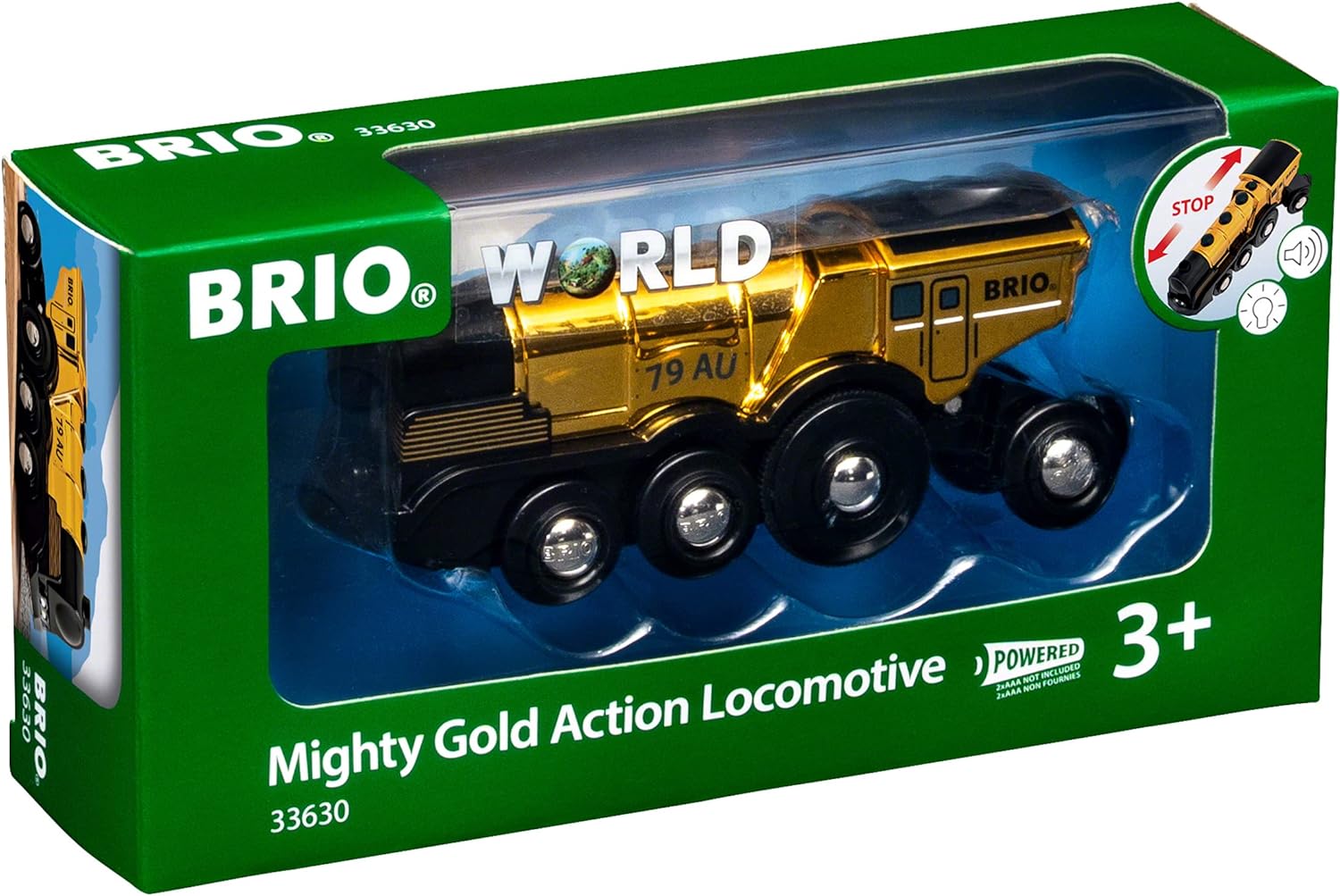 BRIO World Mighty Gold Action Locomotive Battery Powered Toy Train for Kids Age 3 Years Up - Wooden Railway Set Add On Accessories