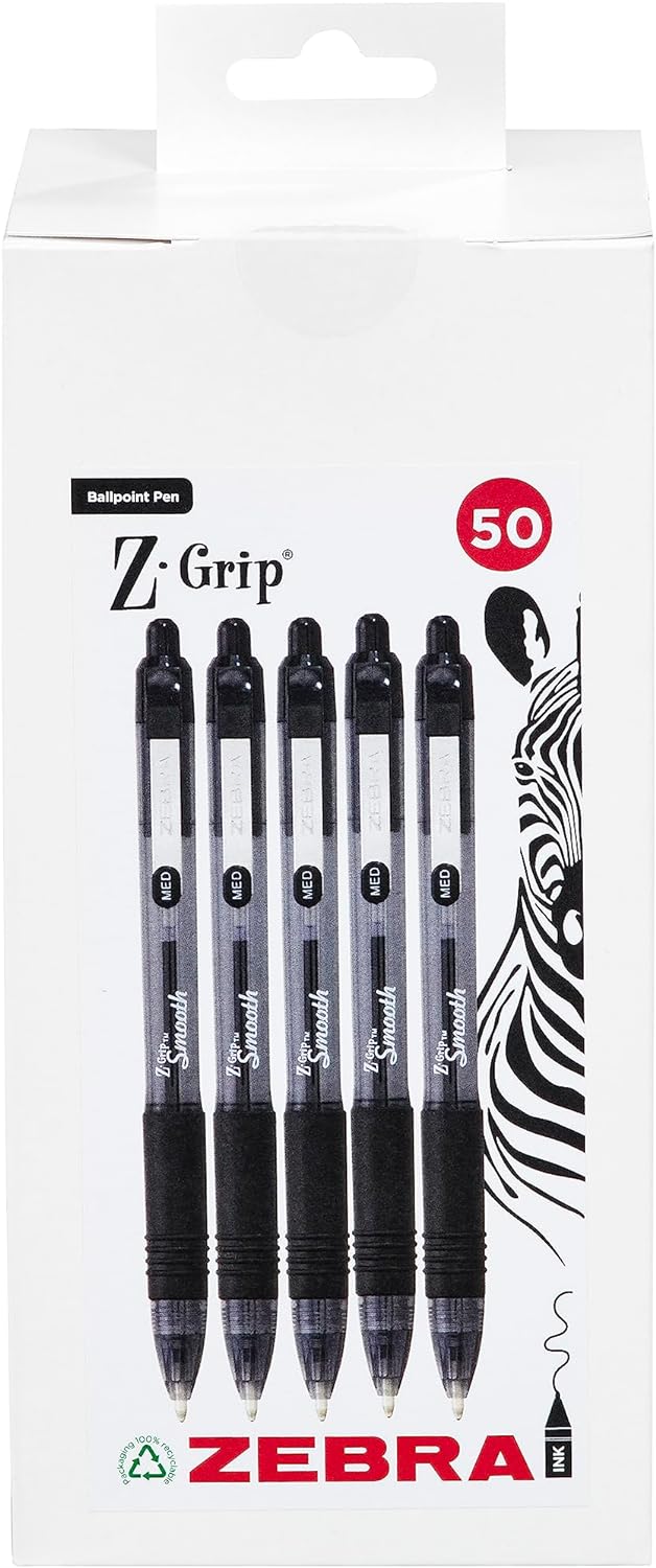 Zebra Z Grip Smooth Black Retractable Ballpoint pens with Easy Glide Ink, Comfortable Grip with Pocket Clip and Reliable biro Medium Point 50 Pack of Black