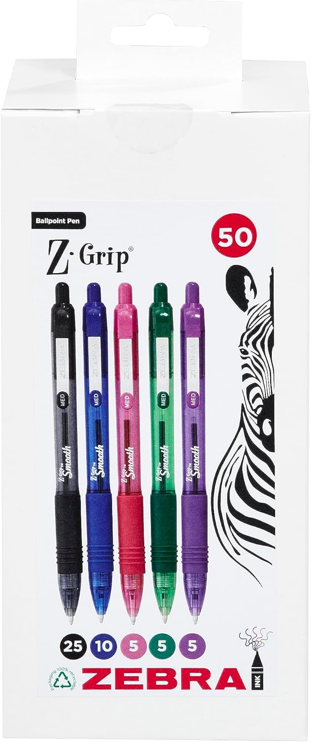 ZEBRA Z GRIP Smooth Assorted Retractable Ballpoint pens with easy glide ink, comfortable grip with pocket clip and reliable biro, medium point 50 Pack of 5 assorted colours