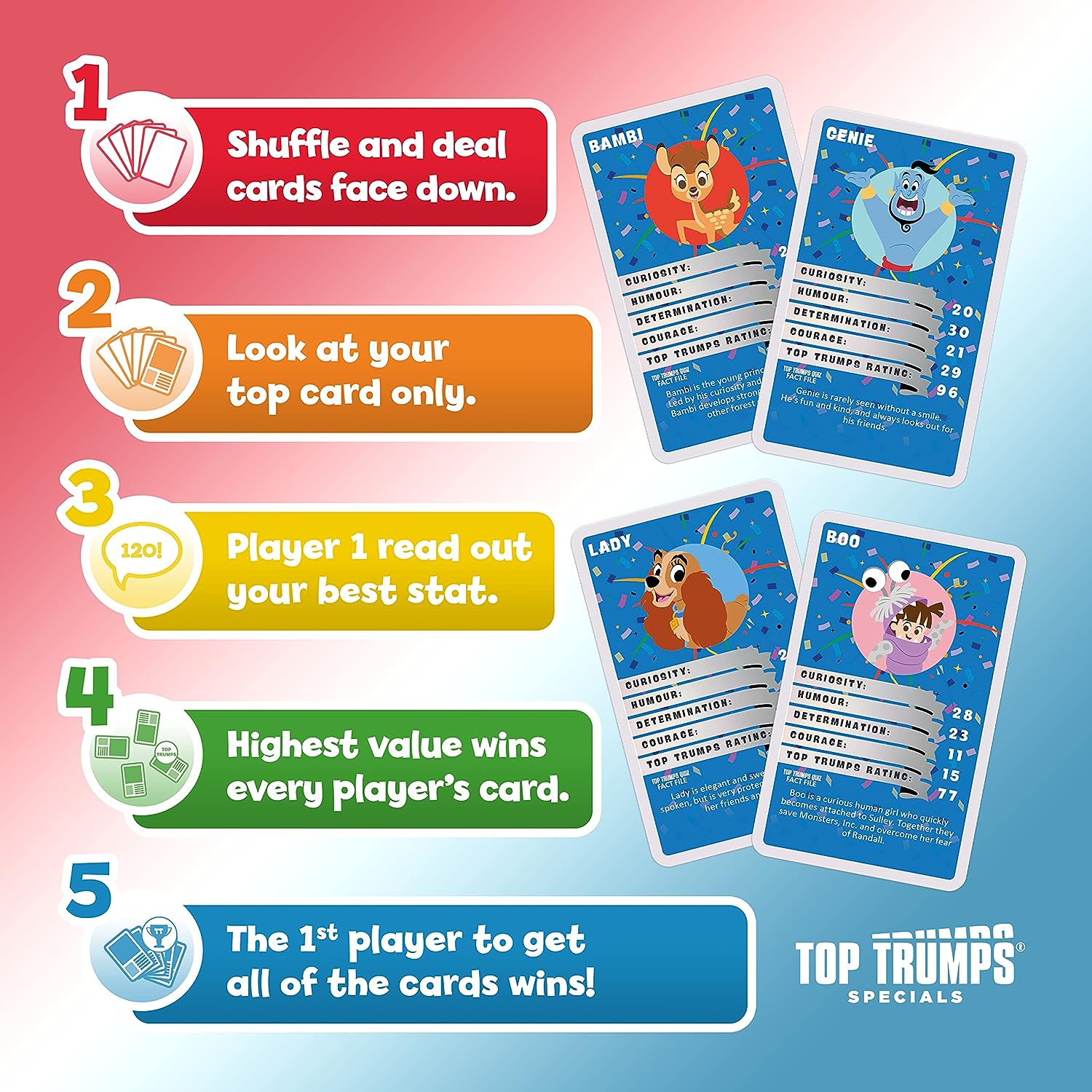 Top Trumps Disney’s 100 Specials Card Game, celebrate and play with 30 of your favourite characters including Elsa, Woody, Mickey Mouse, Cinderella and Simba, educational gift and toy for ages 8 plus
