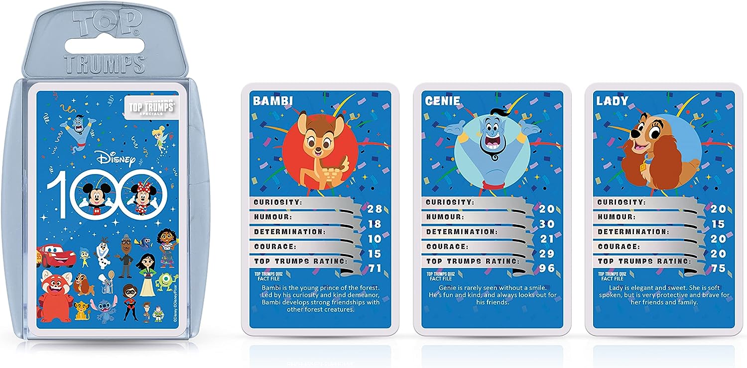 Top Trumps Disney’s 100 Specials Card Game, celebrate and play with 30 of your favourite characters including Elsa, Woody, Mickey Mouse, Cinderella and Simba, educational gift and toy for ages 8 plus