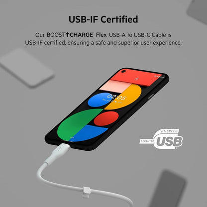 Belkin BoostCharge Flex silicone USB C charger cable, USB-IF certified USB type A to USB type C charging cable for iPhone 15, Samsung Galaxy S23, S22, iPad, MacBook, Note, Pixel and more - 2m, white