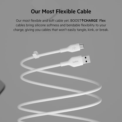 Belkin BoostCharge Flex silicone USB C charger cable, USB-IF certified USB type A to USB type C charging cable for iPhone 15, Samsung Galaxy S23, S22, iPad, MacBook, Note, Pixel and more - 2m, white