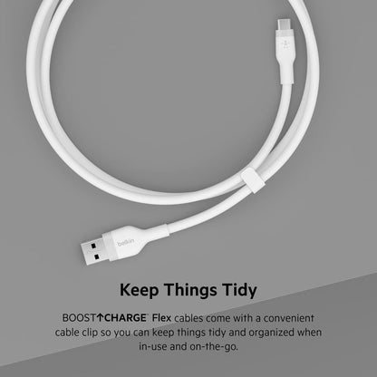 Belkin BoostCharge Flex silicone USB C charger cable, USB-IF certified USB type A to USB type C charging cable for iPhone 15, Samsung Galaxy S23, S22, iPad, MacBook, Note, Pixel and more - 2m, white
