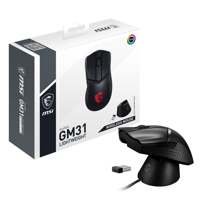 MSI CLUTCH GM31 LIGHTWEIGHT WIRELESS Gaming Mouse - 12000 DPI Optical Sensor, Right-Handed, 60M+Click Switches, 6-Buttons, 110-Hour Battery, Charging Dock, 1ms Latency, RGB, 73g - Wired/Wireless