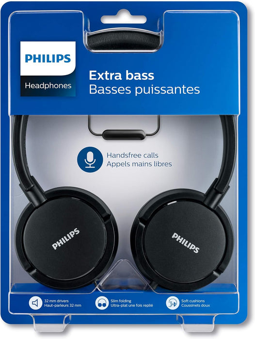 Philips on-ear headphones SHL5005/00 on-ear headphones with cable (great sound, sound-absorbing leather ear pads, built-in microphone, lightweight steel headband, flat folding) black