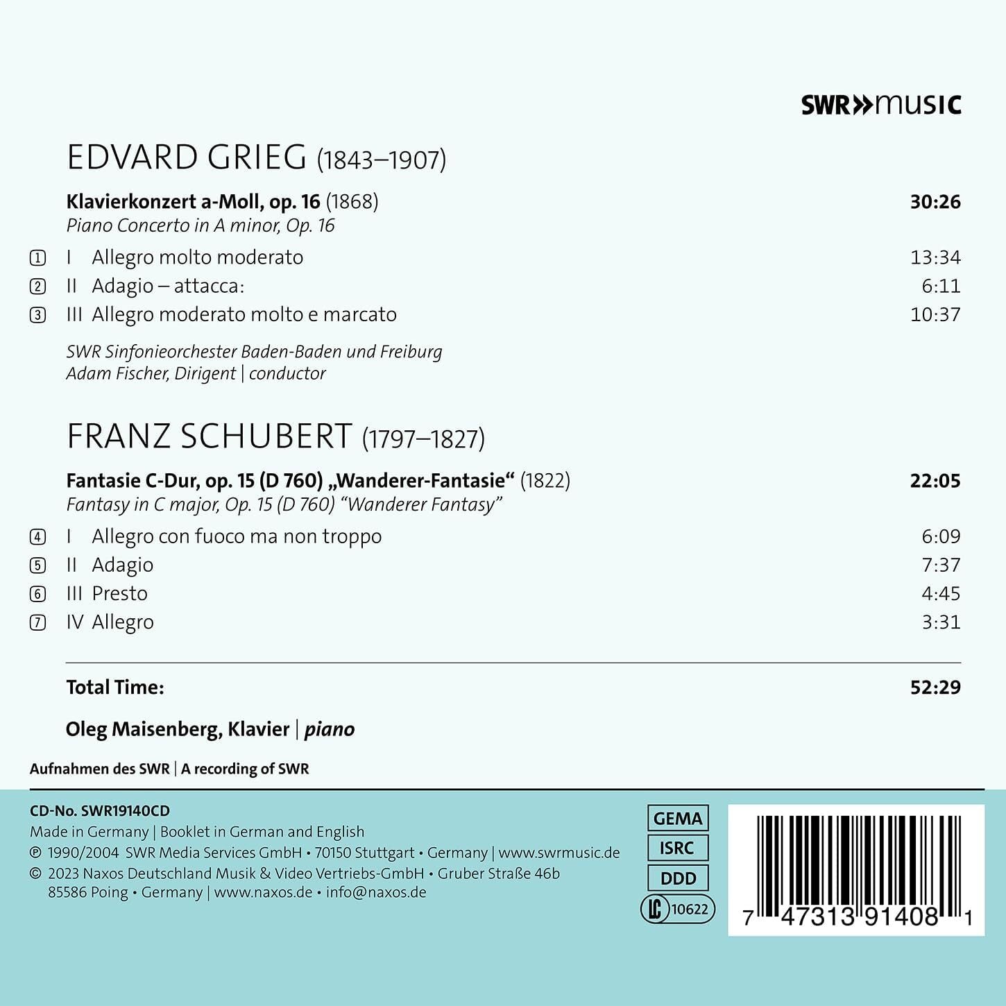 Grieg: Piano Concerto, Op. 16/Schubert: Wanderer Fantasy, Op. 15