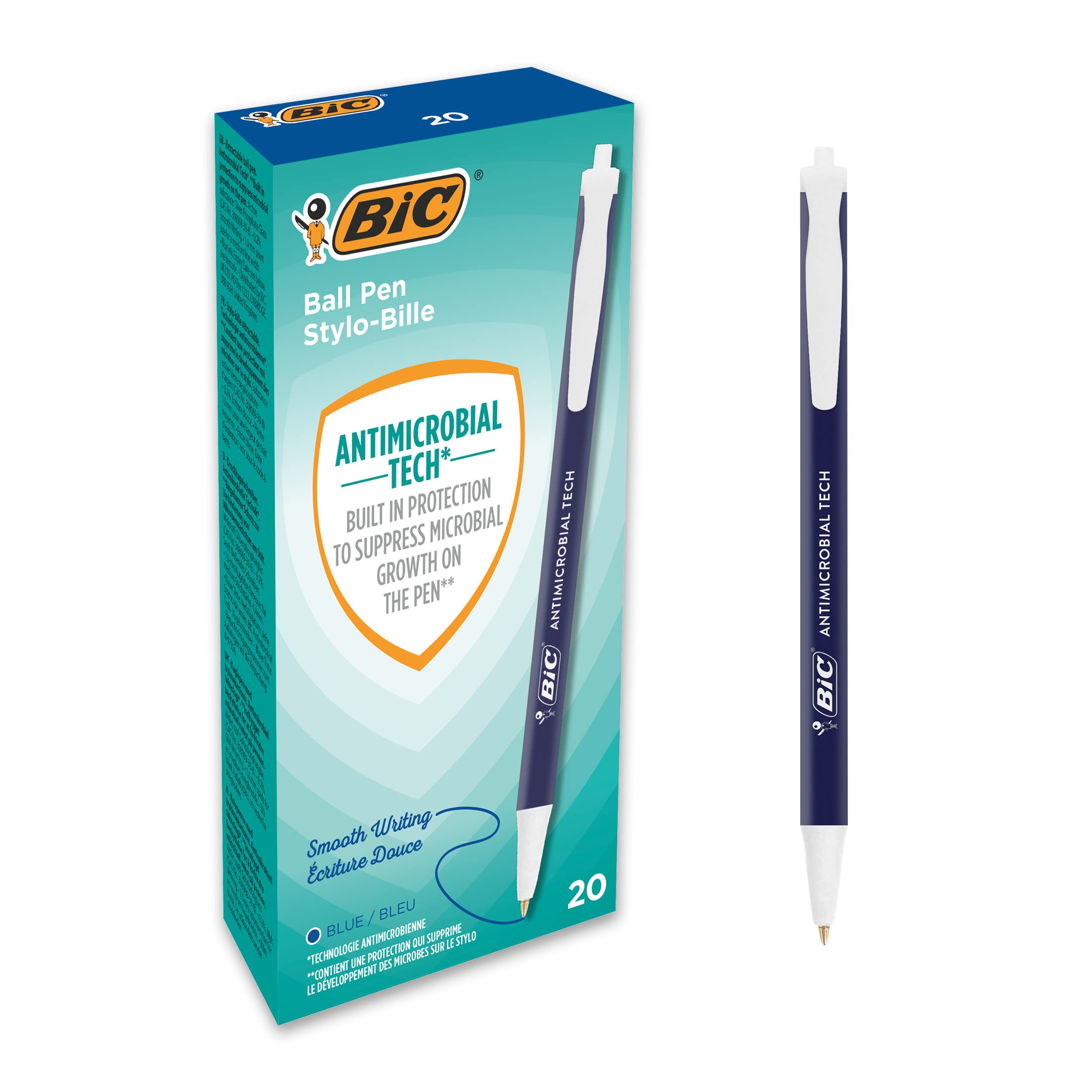 Bic Antimicrobial Tech Retractable Ballpoint Pens with Certified Antimicrobial Surface Protection, Medium Point (1.00 mm) - Blue, Box of 20 Boîte de 20 Blue