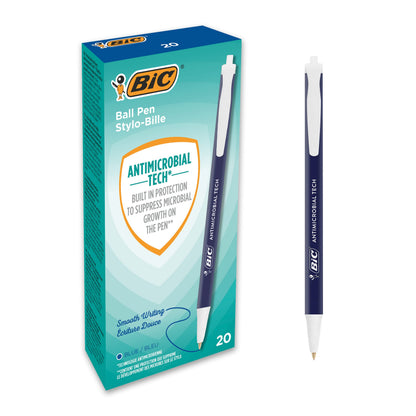 Bic Antimicrobial Tech Retractable Ballpoint Pens with Certified Antimicrobial Surface Protection, Medium Point (1.00 mm) - Blue, Box of 20 Boîte de 20 Blue