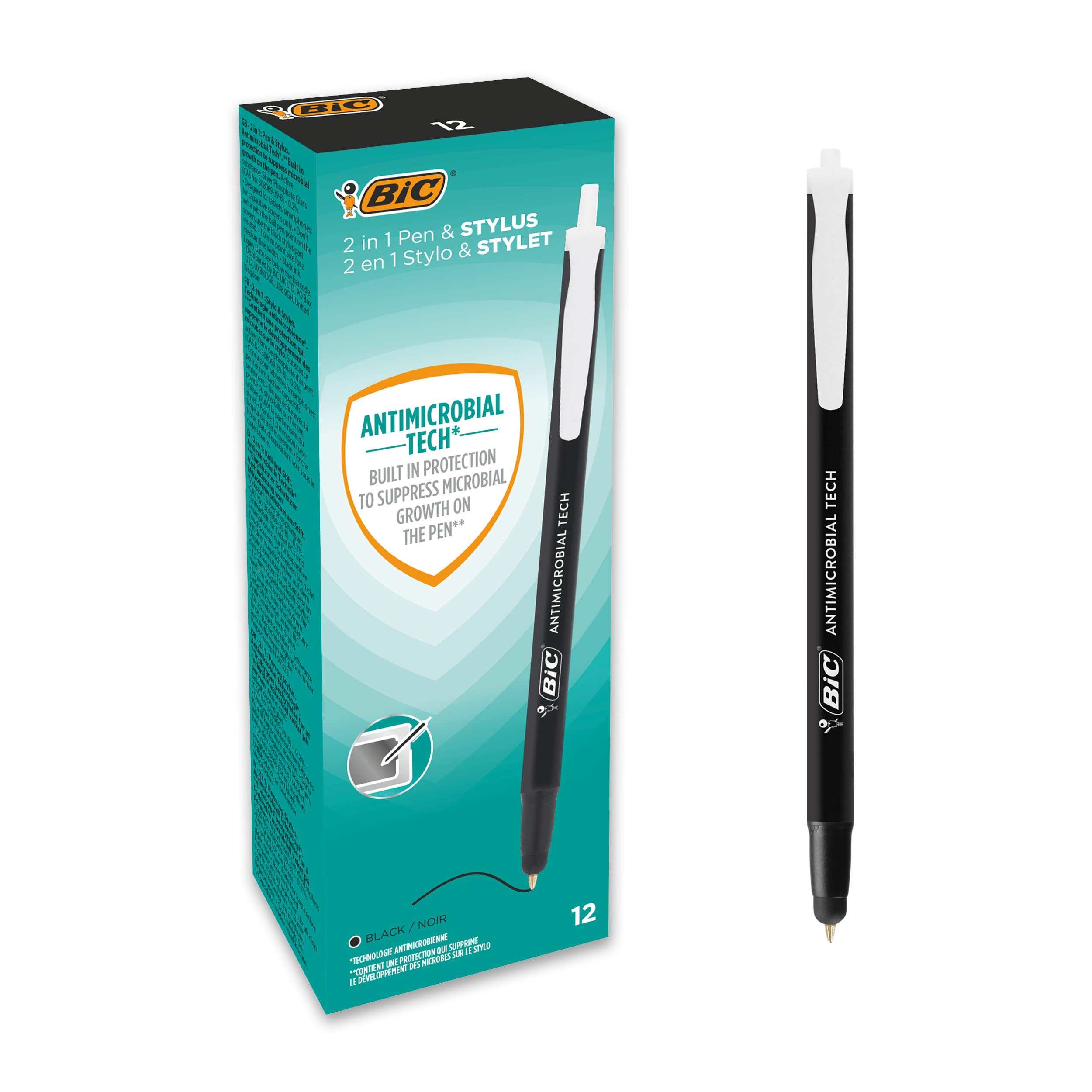 Bic 2-in-1 Retractable Touch Pens with Anti-Microbial Technology - Medium Point (1.0mm) - Black, Pack of 12