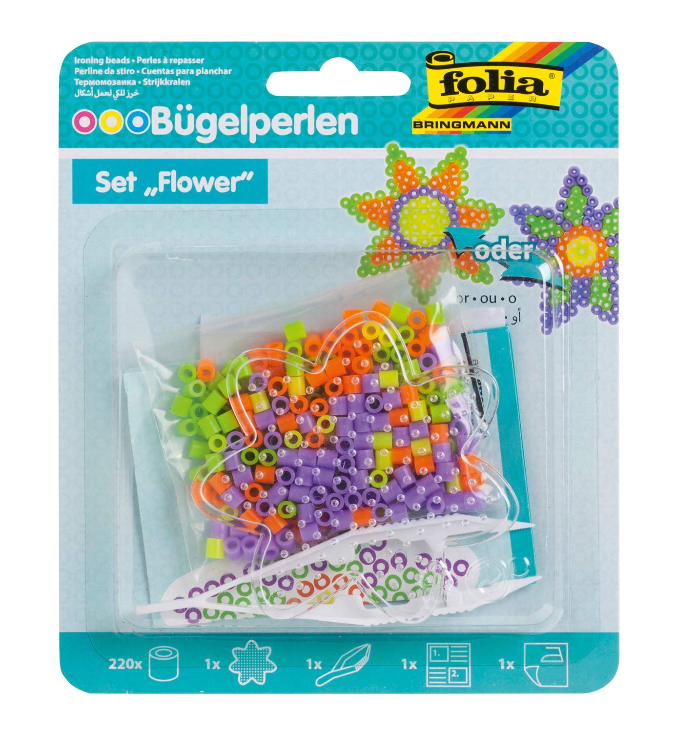 Folia 73204 Fun Starter Set, with a Flower Shaped Pen Plate, 220 Beads, Tweezers, Ironing Paper and Instructions (English Language not Starter Set 4