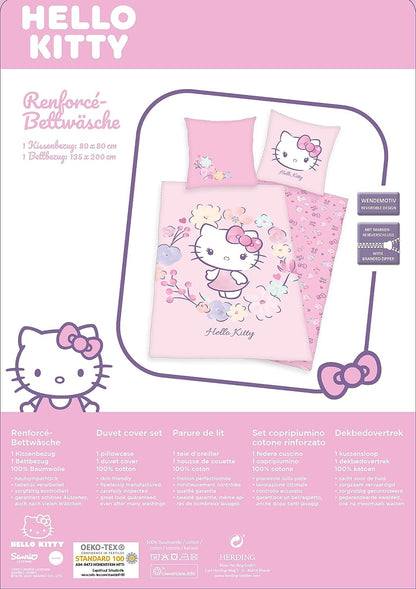 Herding Hello Kitty Bedding Set, Pillowcase 80 X 80 Cm, Duvet Cover 135 X 200 Cm, With Easy Zip, 100% Cotton/Renforcé 80 x 80 cm, 135 x 200 cm Rose