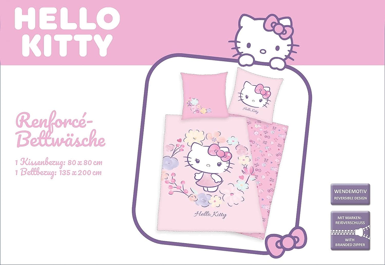 Herding Hello Kitty Bedding Set, Pillowcase 80 X 80 Cm, Duvet Cover 135 X 200 Cm, With Easy Zip, 100% Cotton/Renforcé 80 x 80 cm, 135 x 200 cm Rose
