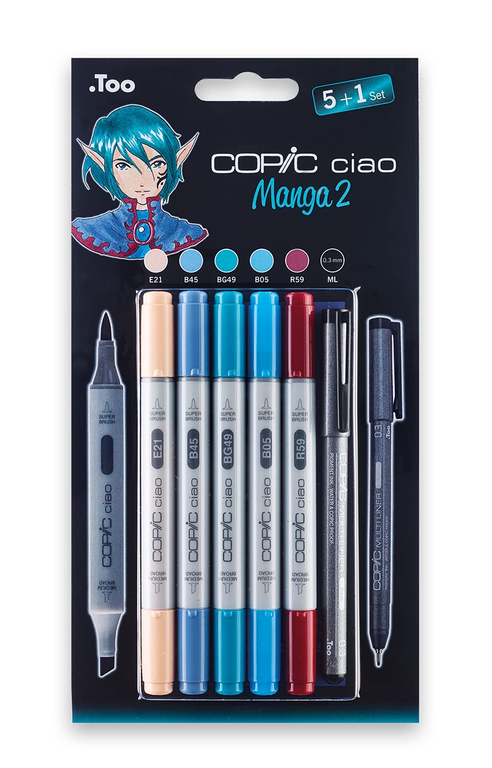 COPIC Ciao Coloured Marker Pen - 5+1 Set Manga 2, for Art & Crafts, Colouring, Graphics, Highlighter, Design, Anime, Professional & Beginners, Art Supplies & Colouring Books Copic Ciao Set includes Manga 2 Marker (Pack of 5)/ Multiliner Pen