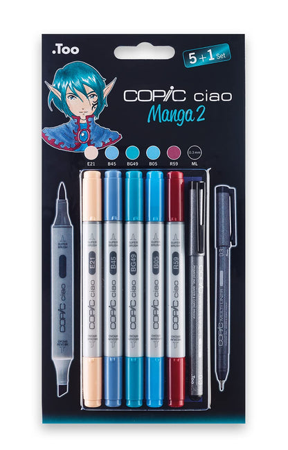 COPIC Ciao Coloured Marker Pen - 5+1 Set Manga 2, for Art & Crafts, Colouring, Graphics, Highlighter, Design, Anime, Professional & Beginners, Art Supplies & Colouring Books Copic Ciao Set includes Manga 2 Marker (Pack of 5)/ Multiliner Pen