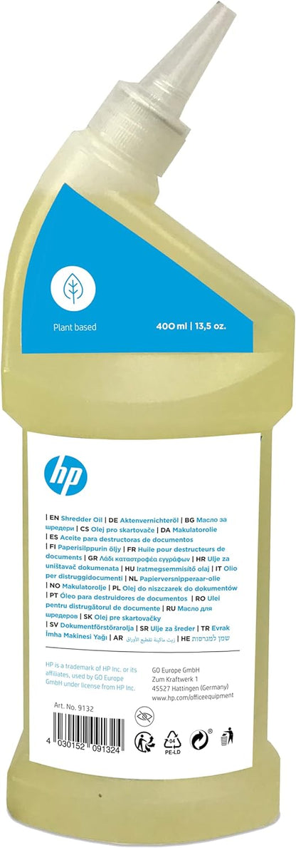 HP Paper Shredder Oil 400 ml Bottle, Plant Based for Care for Your Shredder, 9132 1.00 ml (Pack of 400)