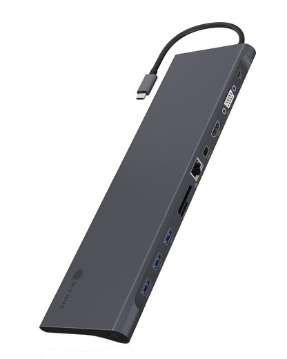 ICY BOX 11-fold USB-C DockingStation, HDMI, Mini DisplayPort, VGA, LAN, Power Delivery, 3x USB 3.0, SD and microSD Card Reader, Audio, Aluminium