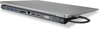 ICY BOX 11-fold USB-C DockingStation, HDMI, Mini DisplayPort, VGA, LAN, Power Delivery, 3x USB 3.0, SD and microSD Card Reader, Audio, Aluminium