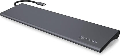 ICY BOX 11-fold USB-C DockingStation, HDMI, Mini DisplayPort, VGA, LAN, Power Delivery, 3x USB 3.0, SD and microSD Card Reader, Audio, Aluminium